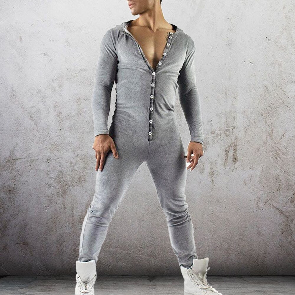 Men Solid Splicing Jumpsuit Men One-piece Garment Pajama Playsuit Fleece Button Hoodie Male Onesie Jumpsuits Overalls Hombre2021