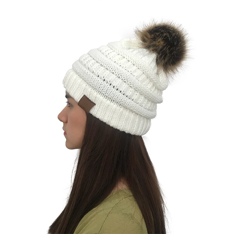 Femmes hiver tricot Slouchy bonnet chapeau crâne casquette de Ski fausse fourrure Pom Pom chapeaux pour les femmes