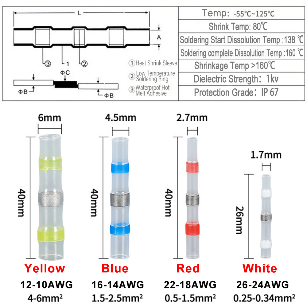 Heat Shrink Tube Sleeves Waterproof Solder Seal Electrical Wire Connector Butt Splice Terminals Heat Shrinkage Cable Connectors