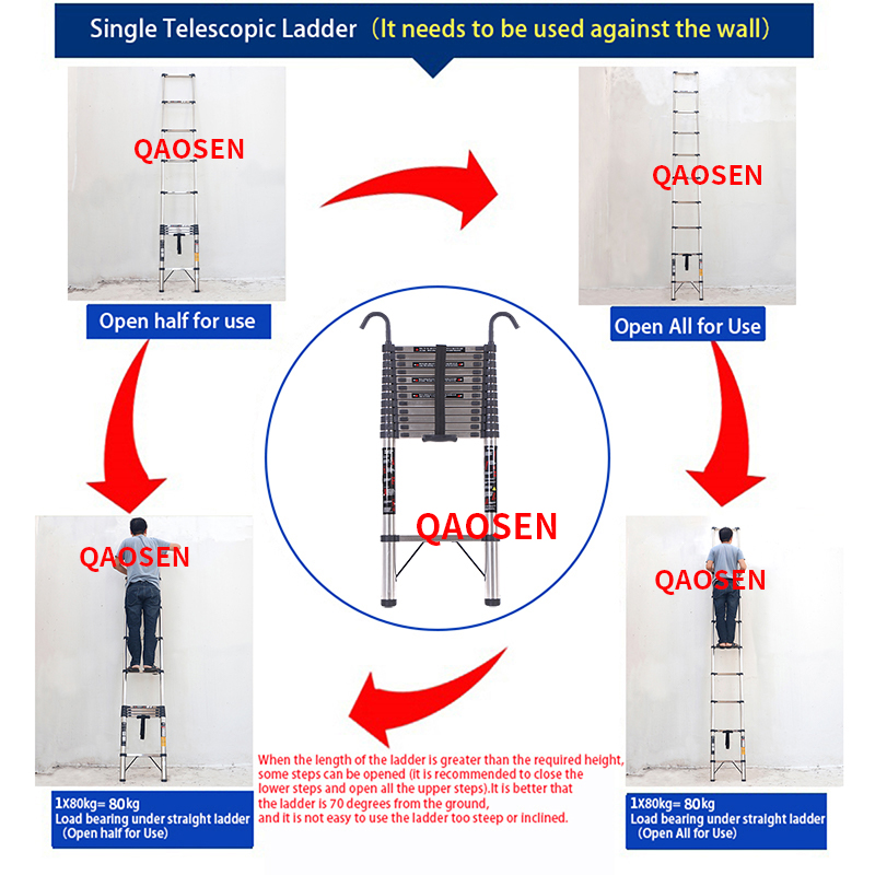 2.3m Stainless Steel Single Telescopic Ladder with Hook