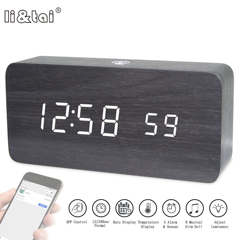Led digital de madeira despertador app controle tempo temperatura data eletrônico desktop relógio usb bateria brilho controle de som
