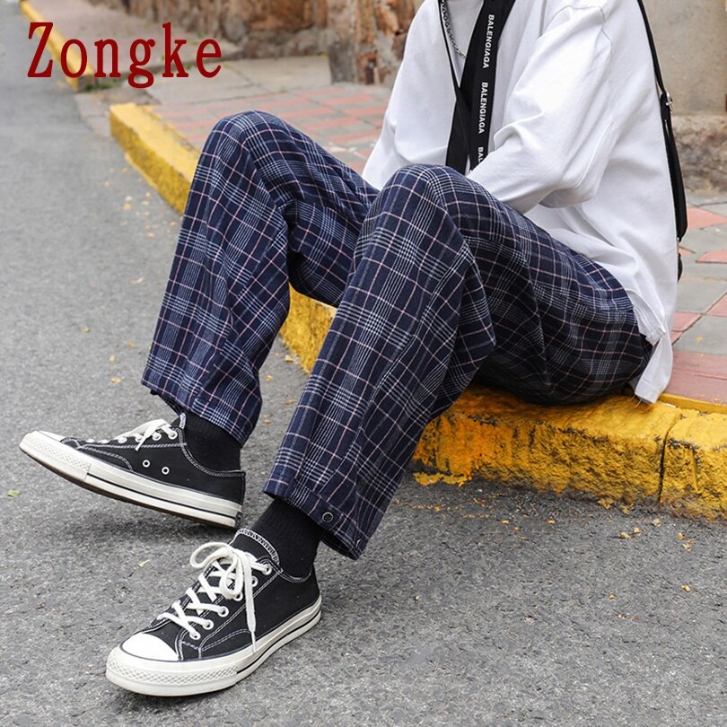 Zongke herrebukser i et bur streetwear røde plaidbukser herretøj joggers herrebukser harajuku bukser m -3xl efterår: Xxl / Marineblå plaid
