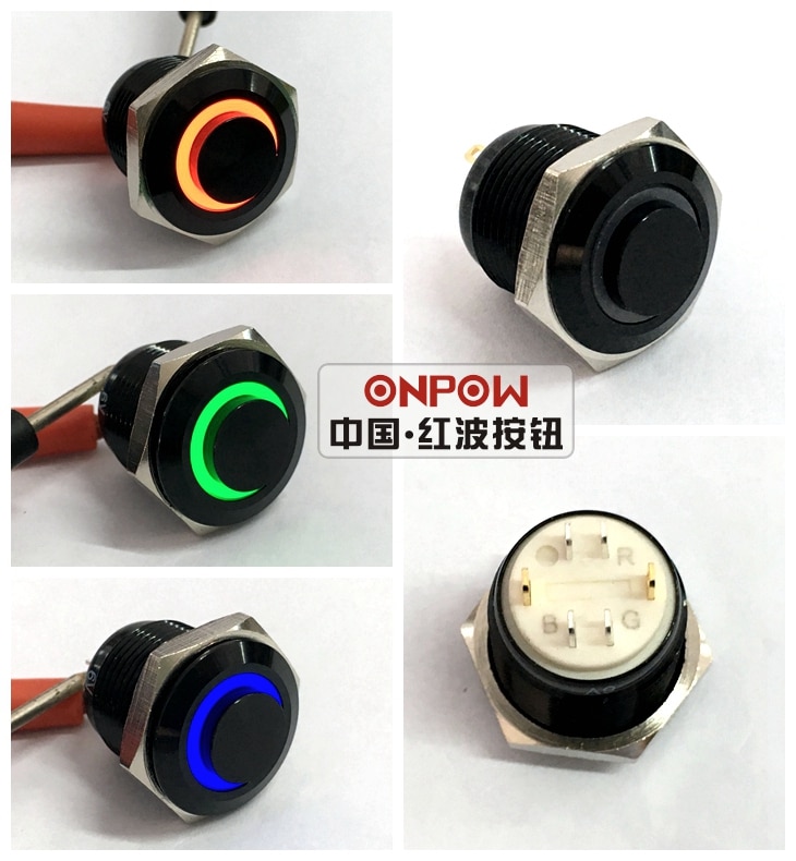 ONPOW 16mm RGB Kortstondige ring verlichte Hoge ronde Zwarte aluminiumlegering drukknop (GQ16H-10E/J/RGB/6 V/A) CE, ROHS