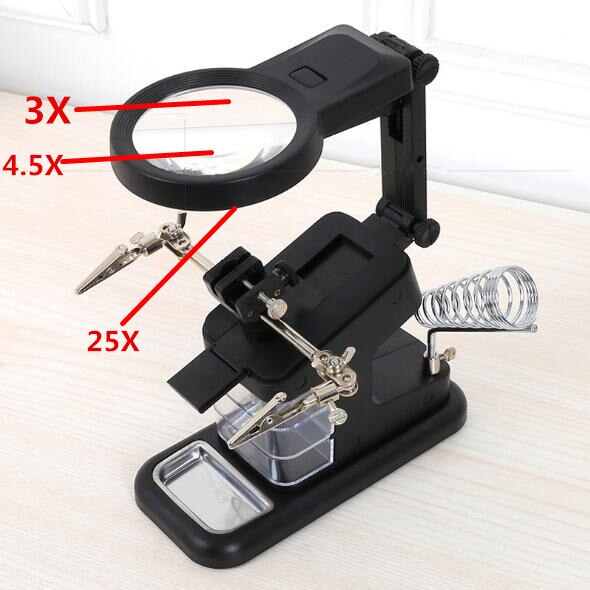 Multi-functional 3X/4.5X Welding LED Magnifier Alligator Clip Holder Clamp Helping Hand Soldering Repair Mgnifying Tool: White Single Lens