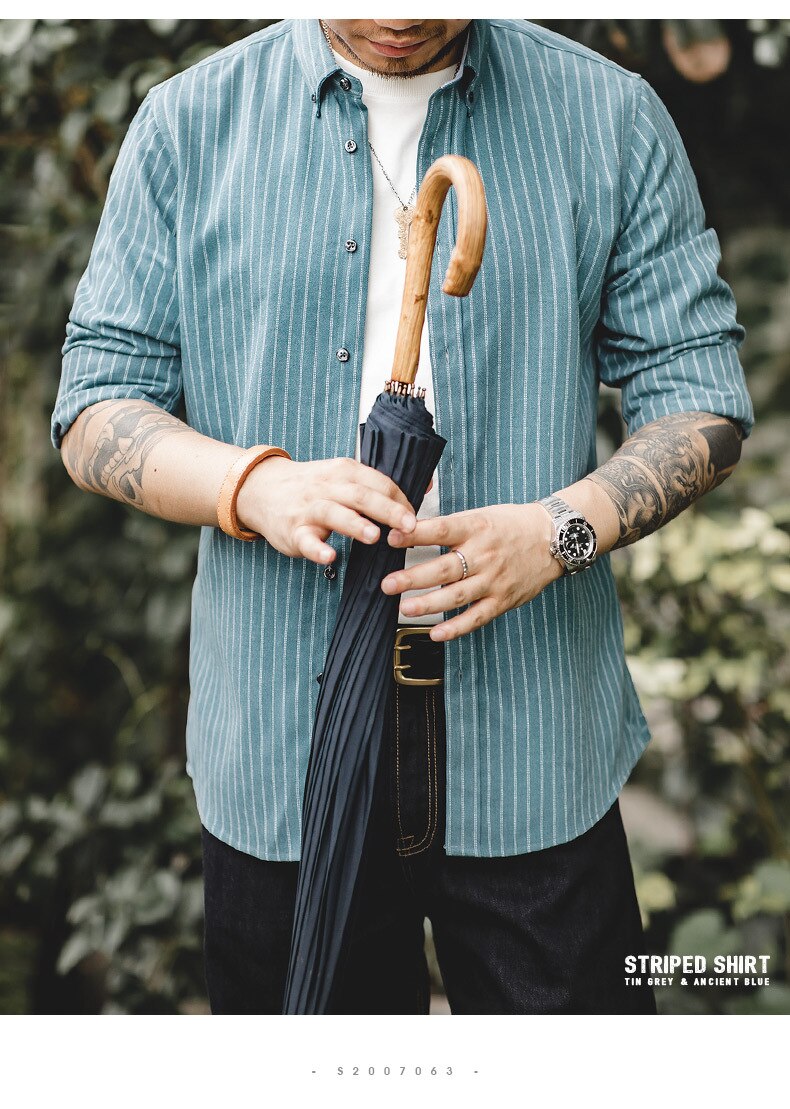Hommes chemise américaine rétro brossé bleu pinrayure chemise à manches longues Hong Kong style japonais décontracté chemise hommes vêtements