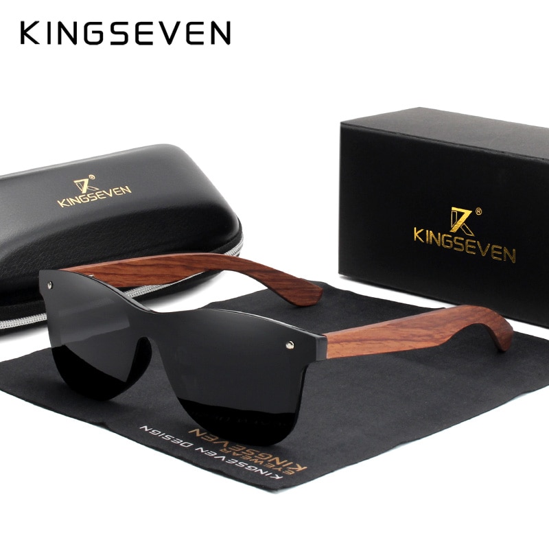 Kingseven naturliga trä solglasögon män polariserade solglasögon original trä oculos de sol masculino: Svart bubinga trä