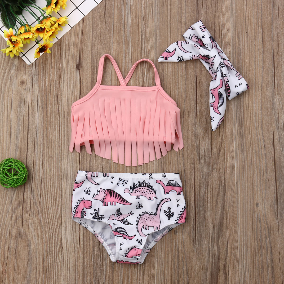 Baby Badeanzug Neue Sommer freundlicher Mädchen Quaste Gurt Spitzen Dinosaurier Unterseite Stirnband 3 Stck Bademode Beachwear-badeanzug 0 -24 M