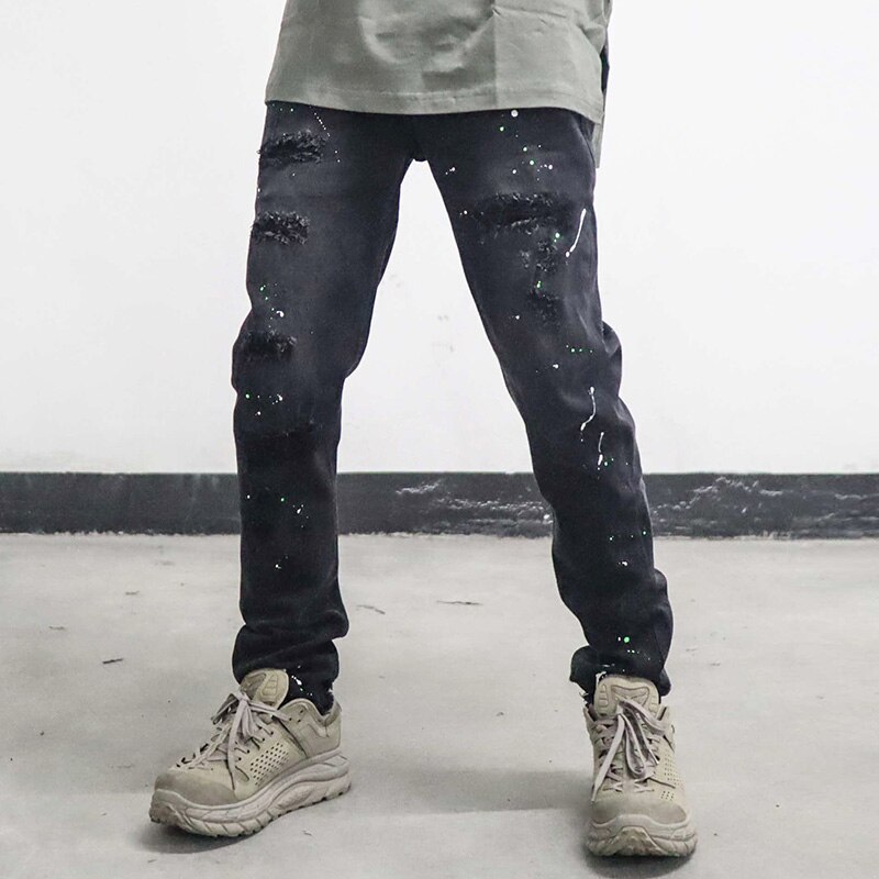 Ink Painted Hole Jeans for Men High Street Oversize Straight Pencil Pants Harajuku Washed Retro Loose Denin Torusers