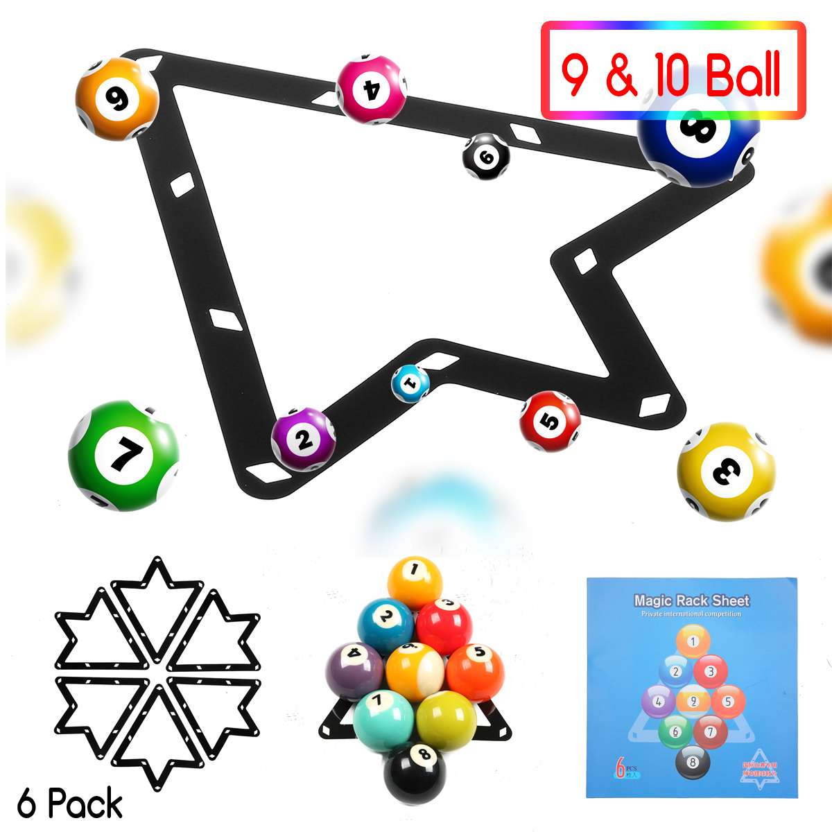 6 pièces/ensemble 9 et 10 boule magique billard balle Rack positionnement billard Table billard queue accessoire noir