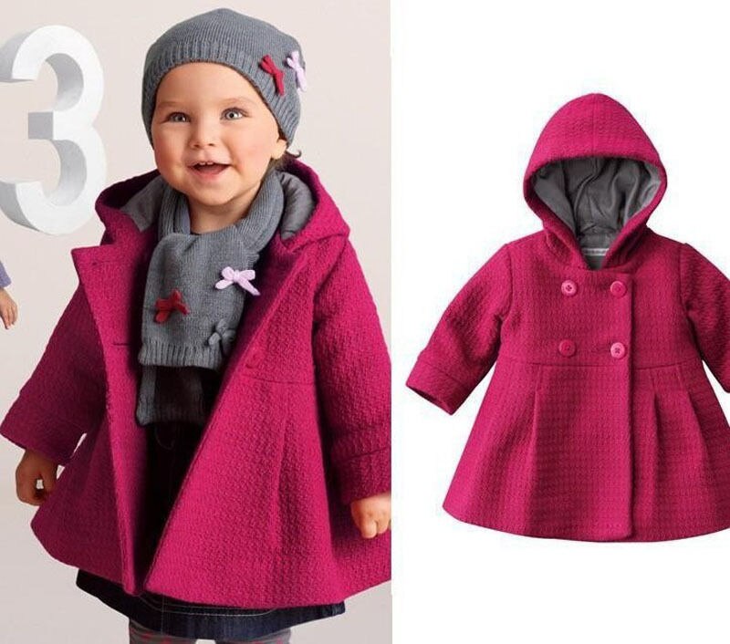 Criança kid Outono Inverno Botão Da Buzina Com Capuz Baby Girl Inverno Quente Mistura De Lã de Ervilha Casaco Snowsuit Jaqueta Roupas Outerwear: 7-9 meses / 2