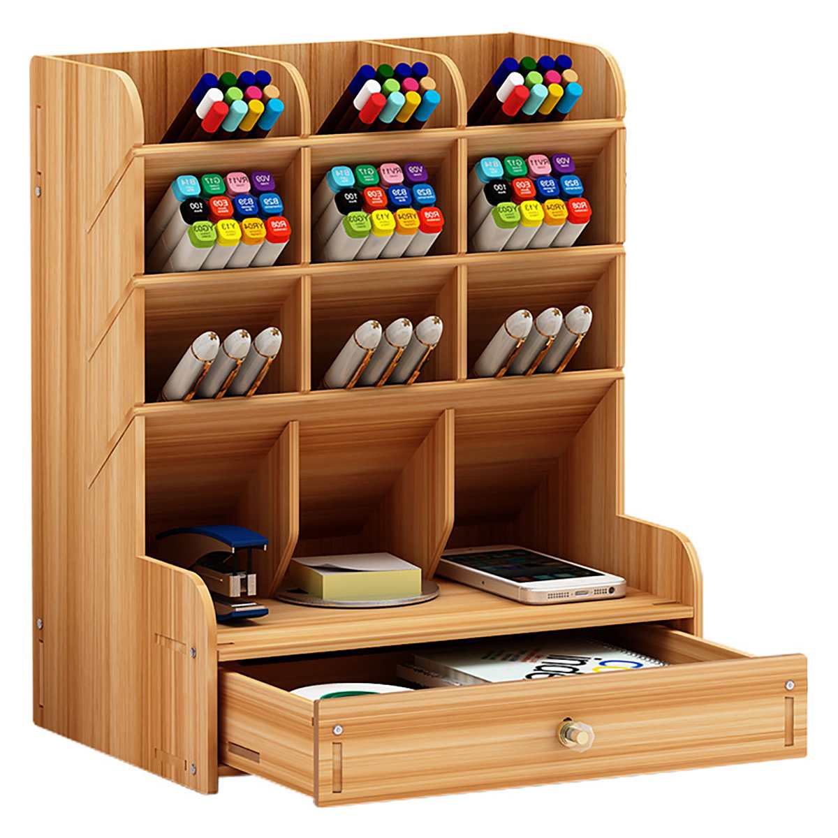 Wooden Desk Organizer Multi-Functional DIY Pen Holder Box Desktop Stationary Home Office Supply Storage Rack: dark brown