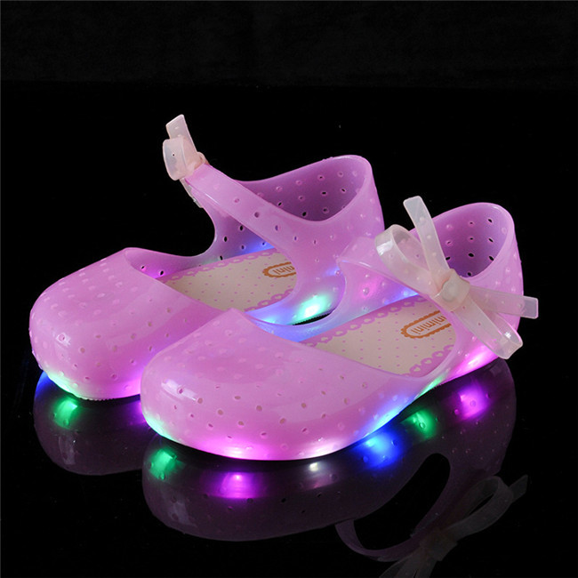 Summer Girls LED Sandals Crystal Shoes Girl Jelly Sandals Children Sandals Baby Jelly Shoes Bow-knot Girls Glowing Luminous Shoe: Pink / 30