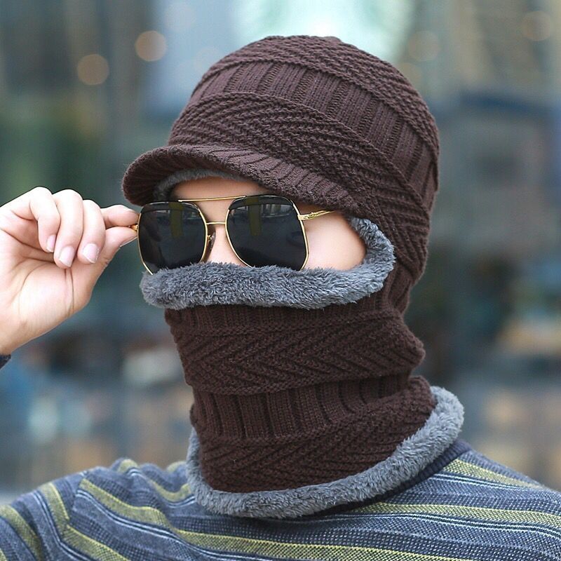 Fortykkelse strikket uldhue mænd vinter hat holde varm motorhjelm balaclava ansigtsmaske hatte kvinder beanie dobbelt brug hat & tørklæde: Kaffe