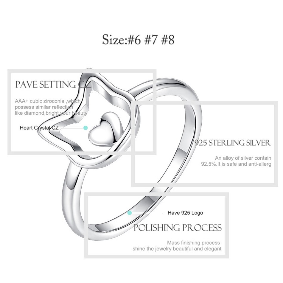 ELESHE Solido Puro 925 Sterling Silver Cute Cat Anelli di Barretta per Le Donne Delle Ragazze Piccolo Cuore Fascia Anelli di Gioielli In Argento 925 regalo del partito