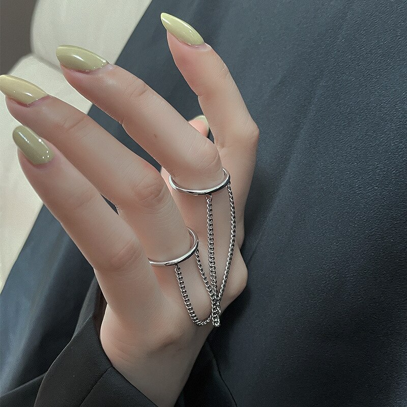 2 Stks/set Punk Lange Kwast Ketting Ringen Voor Vrouwen Hip Hop Mannen Zilver Kleur Hollow Geometrische Paar Ring Set Mode partij Sieraden: RI21Y0347