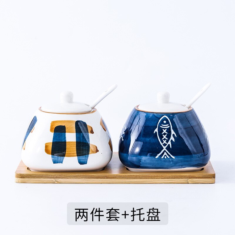 Juego de ollas de cerámica japonesas pintadas a mano, recipiente para condimentos de cocina, salero, caja de condimentos para el hogar: F