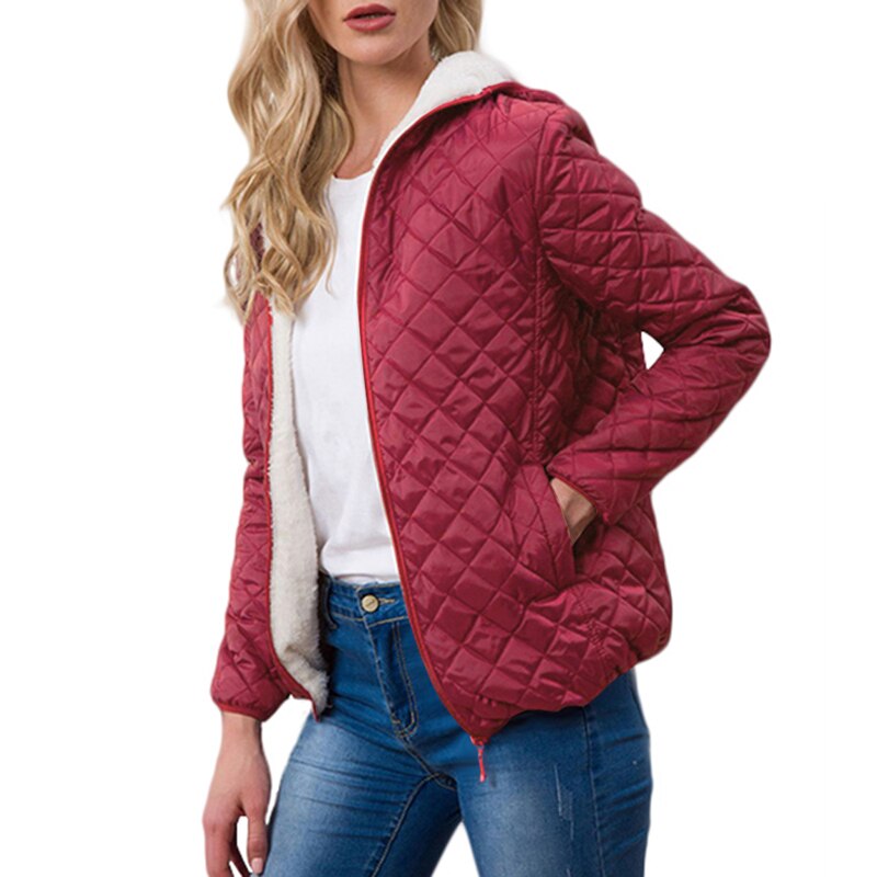 Automne Parkas basique vestes femme femmes hiver Plus velours agneau à capuche manteaux coton hiver veste femmes vêtements d'extérieur manteau: Red / M