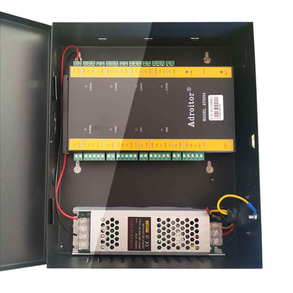 Access control kit TCP/IP four Door controller 10A power supply support time attendance /access/alarm/finger/web/phone sn:AT-04