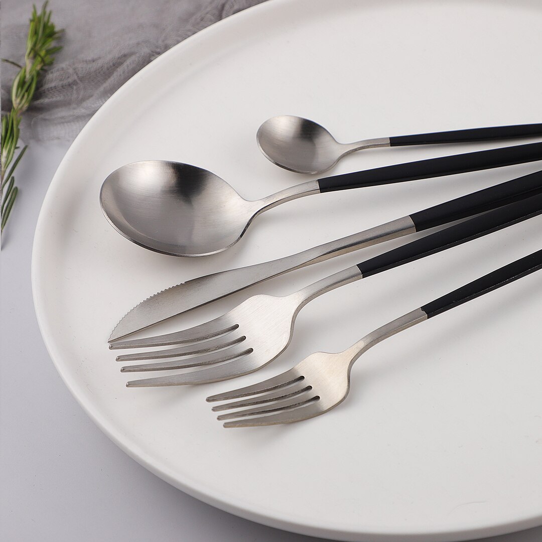 5Pcs Set Frosted Black Silver Combination Dinnerware Sets Stainless Steel Forks Knives Spoons Tableware Set Cutlery