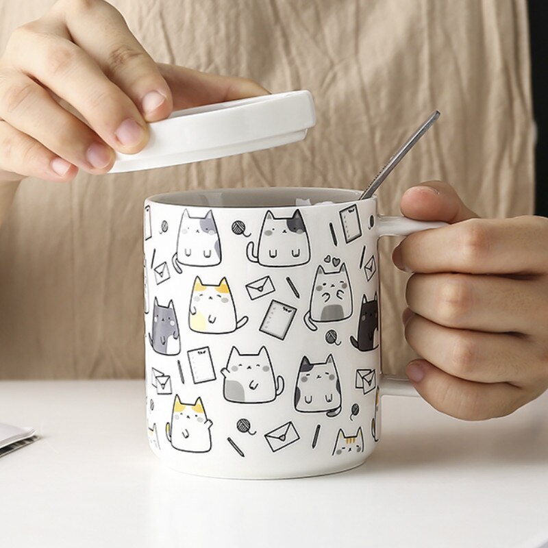 Søde kaffekrus dyr tegneserie keramik simpel sjov kaffekrus genanvendelig med låg skeen selv omrørende kubek kopper og krus  xx60cm