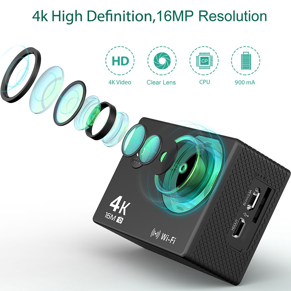 4K/30FPS 16MP Ultra HD Video Sports Action Camera 170 Degree Wide Angle WiFi 2.4G Wireless Remote Control with Waterproof Case
