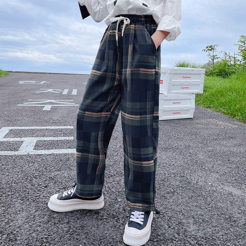 Pantalones a cuadros para niños y niñas, ropa Coreana de entrenamiento deportivo informal para adolescentes, pantalones de primavera y otoño, , nuevos: Azul / 14