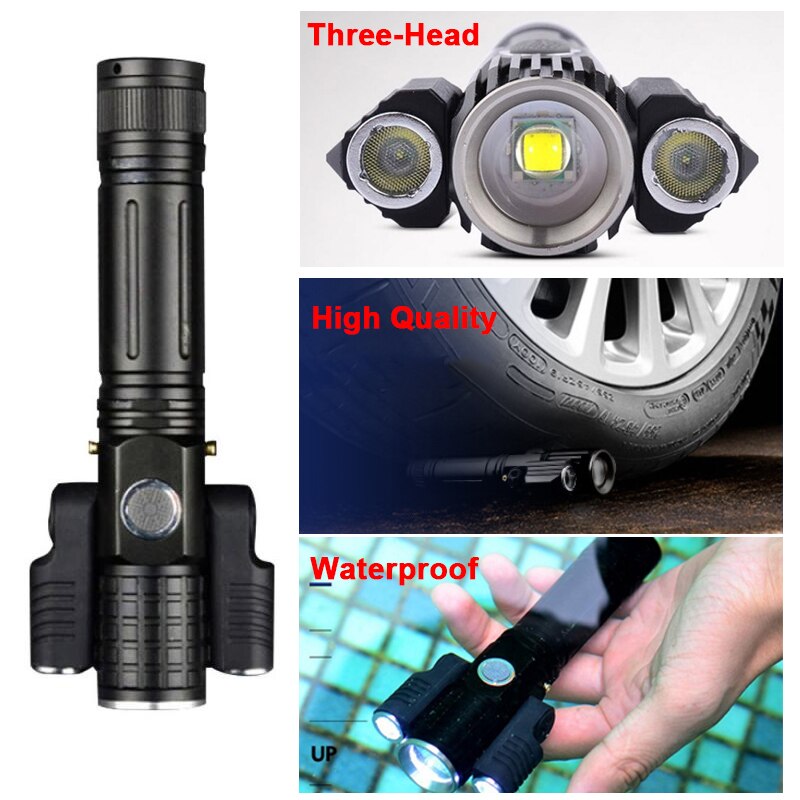 3 Heads Outdoor Aluminum Alloy Flashlight Multi-Function Strong Light Three Lamp Holder Camping Lighting Night Riding Flashlight