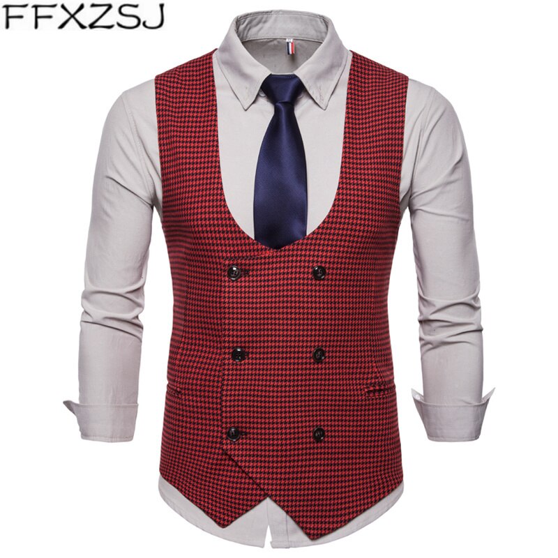 FFXZSJ 2019 wiosna jesień kamizelka męska Vintage kamizelka mężczyźni garnitur kamizelka w kształcie litery U kołnierz Houndstooth męska kamizelka okazjonalna odzież męska: red / L