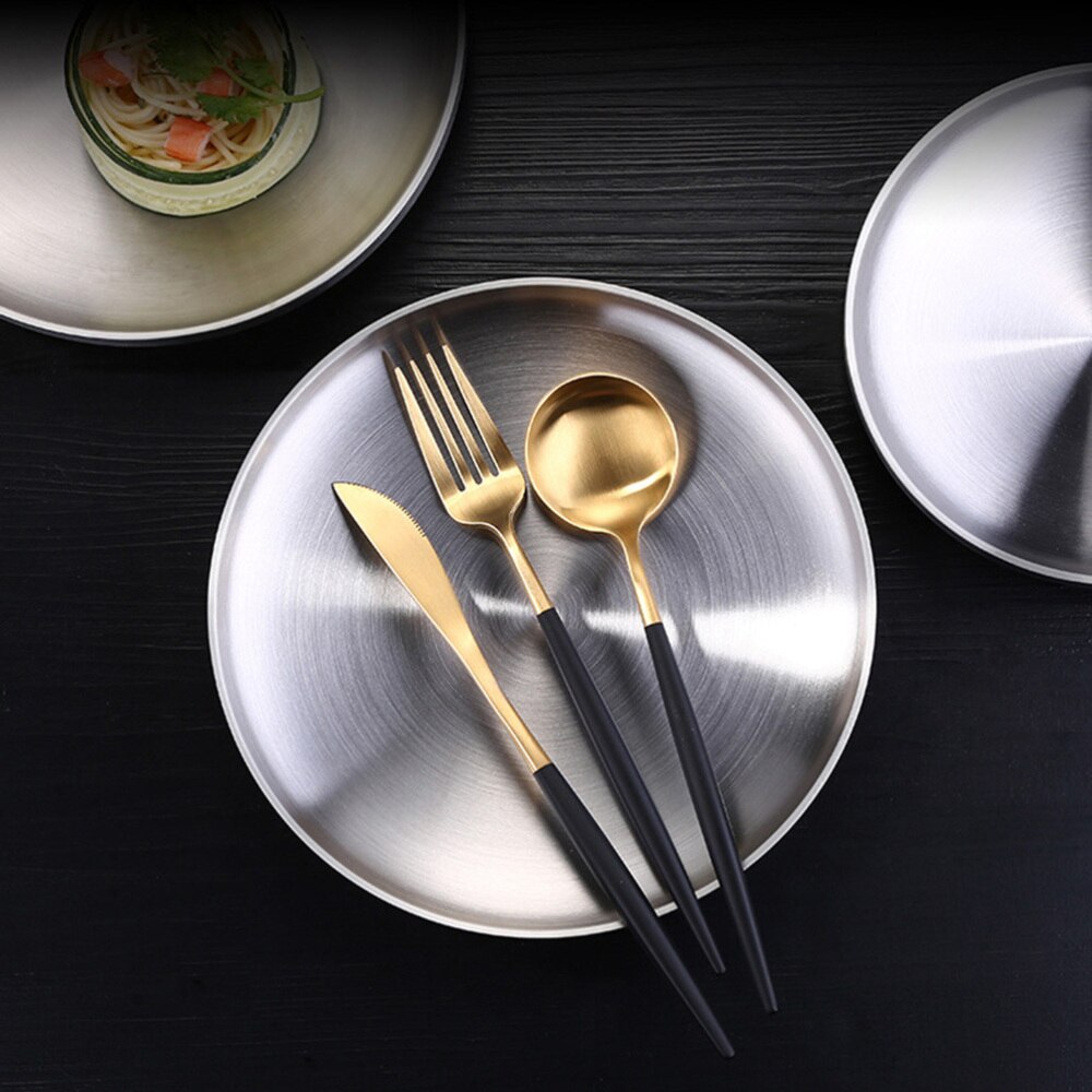 304 Stainless Steel Round Dish Double-wall Shallow Plate with Wire Drawing Finish 17cm