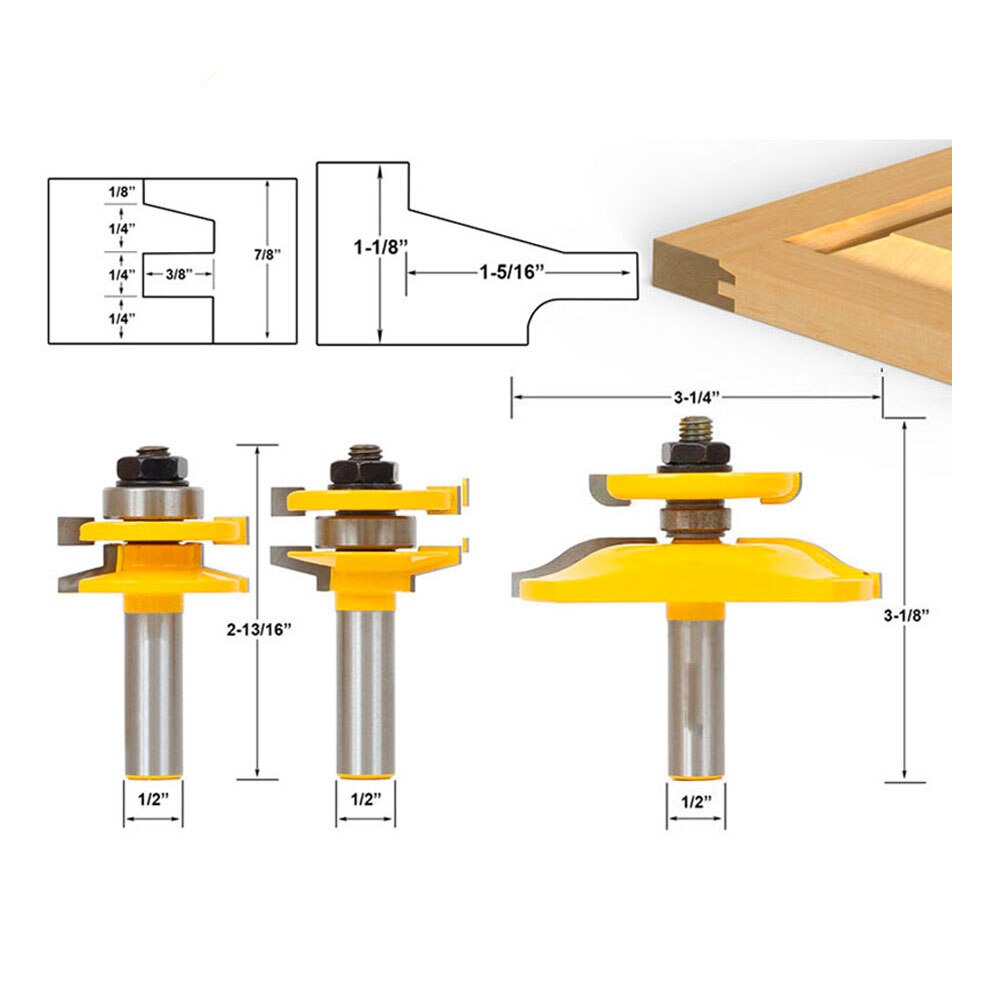 Binoax 3 Bit Raised Panel Cabinet Door Router Bit Set- Bevel- 1/2 inch Shank: 1004