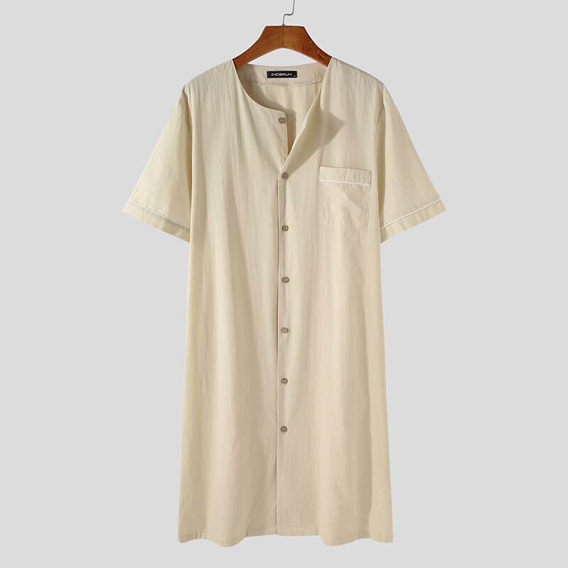 Summer Men Robes Solid Color Short Sleeve Button Up Comfortable Cotton Homewear Bathrobes Leisure Mens Nightgown S-5XL INCERUN: Beige / XXL