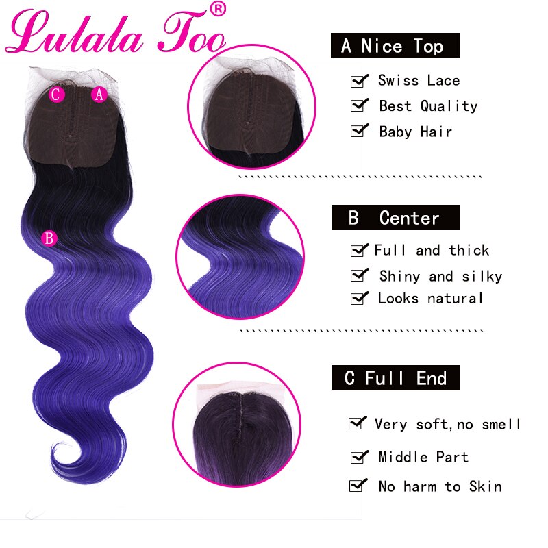 16-20inch Body Wave Synthetic Ombre Hair Bundles With Closure Purple Pink Green Middle Part 4Pieces/lot 230g