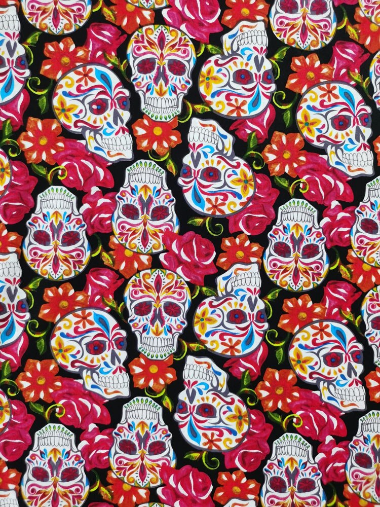 Tela de algodón con estampado de calavera y flores, tejido de 110cm X 50cm con estampado de calaveras y flores, Material de costura acolchado, bricolaje, viaPhil, para el hogar
