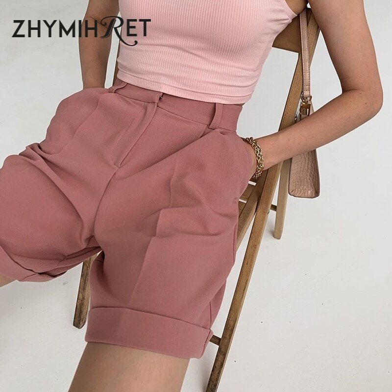 Zhymihret sommar kostymshorts med hög midja för kvinnor casual bermudashorts med vida ben och fickor