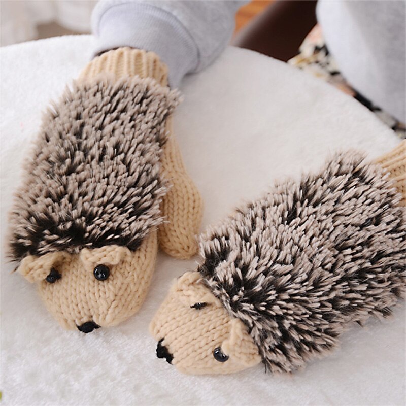 Winter Gloves for Women Girls Novelty Cartoon Knit Thick Mittens Warm Fitness Gloves Hedgehog Ski Heated Wrist Mittens