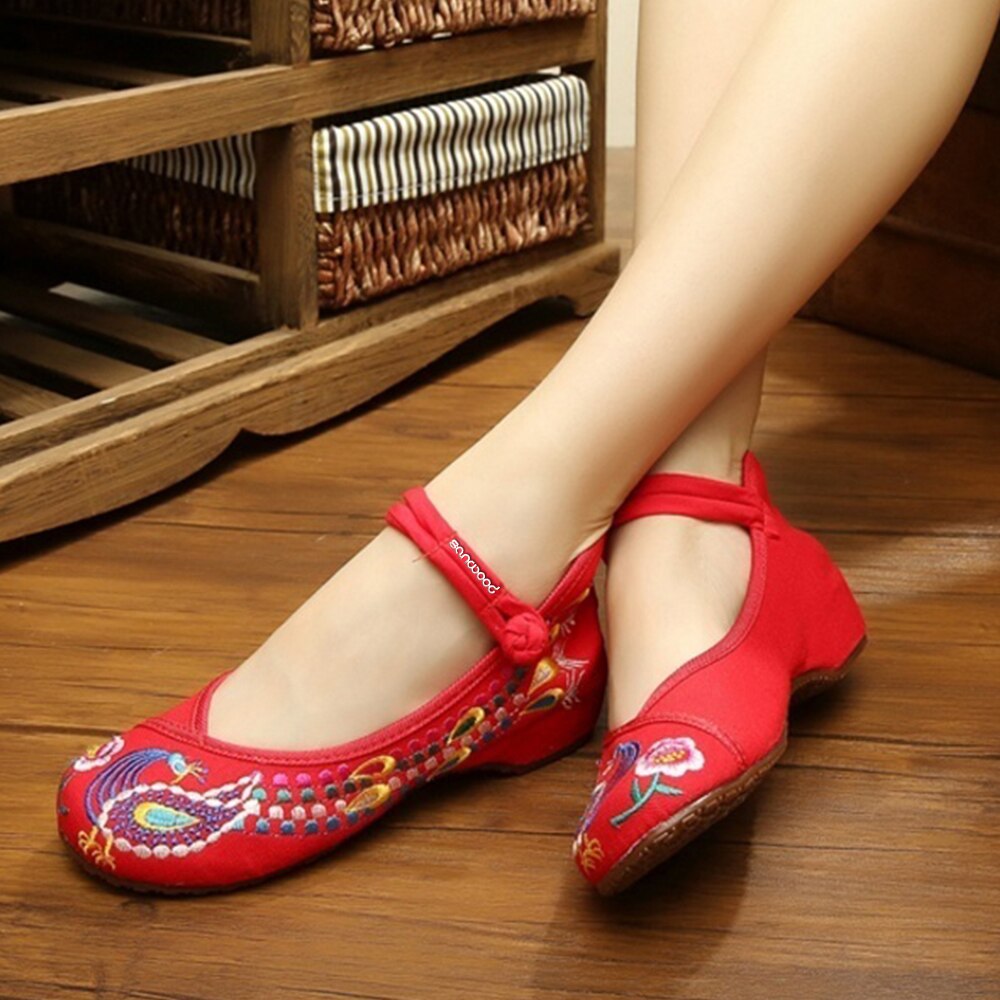 Neue Neue frauen Chinesische Alte Peking Stil Phönix Blume Bestickt Maria Jane Flache Schuhe