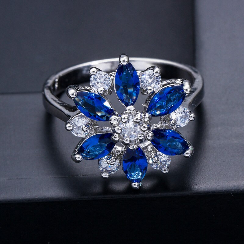 Pera moda feminina dedo jóias royal azul e branco zircônia cúbica grande cristal austríaco girassol anéis para presente feminino r004: 8