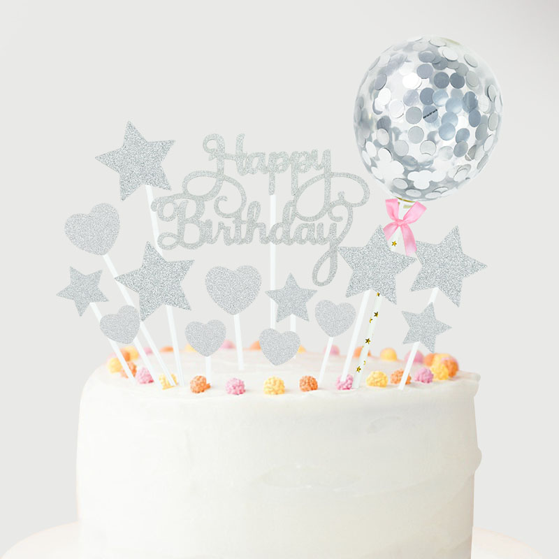 1 sæt tillykke med fødselsdagen kage topper rosa guld sølv stjerne ballon kage topper til voksne børn fødselsdagsfest dessert diy dekorationer: A03