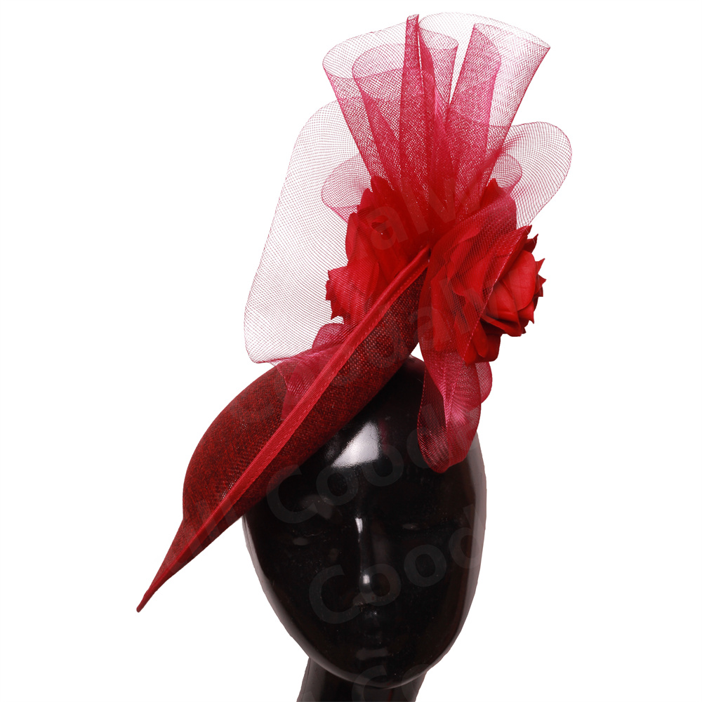 Chique marinha fascinators chapéu para mulheres elegante royal ascot millinery boné noiva casamento cocktail acessórios de cabelo véus headpiece: Vinho Tinto