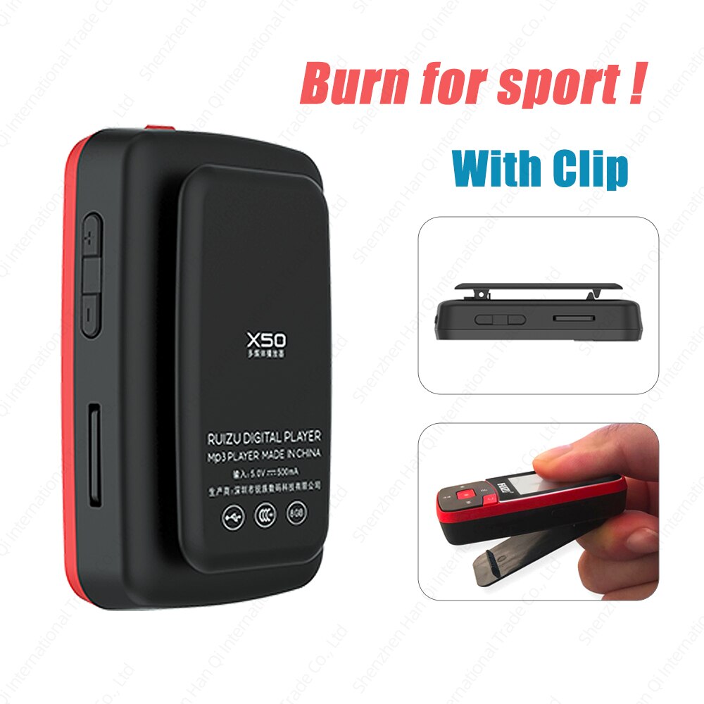 RUIZU X50 Sport lettore MP3 con Bluetooth 8GB Mini Clip Music lettore Audio supporto Radio FM registratore EBook orologio pedometro Video