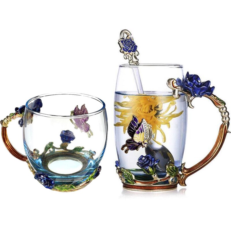 Skönhet och nyhet emalj kaffekopp mugg blomma te glas koppar för och kalla drycker te kopp sked set perfekt bröllop  b2