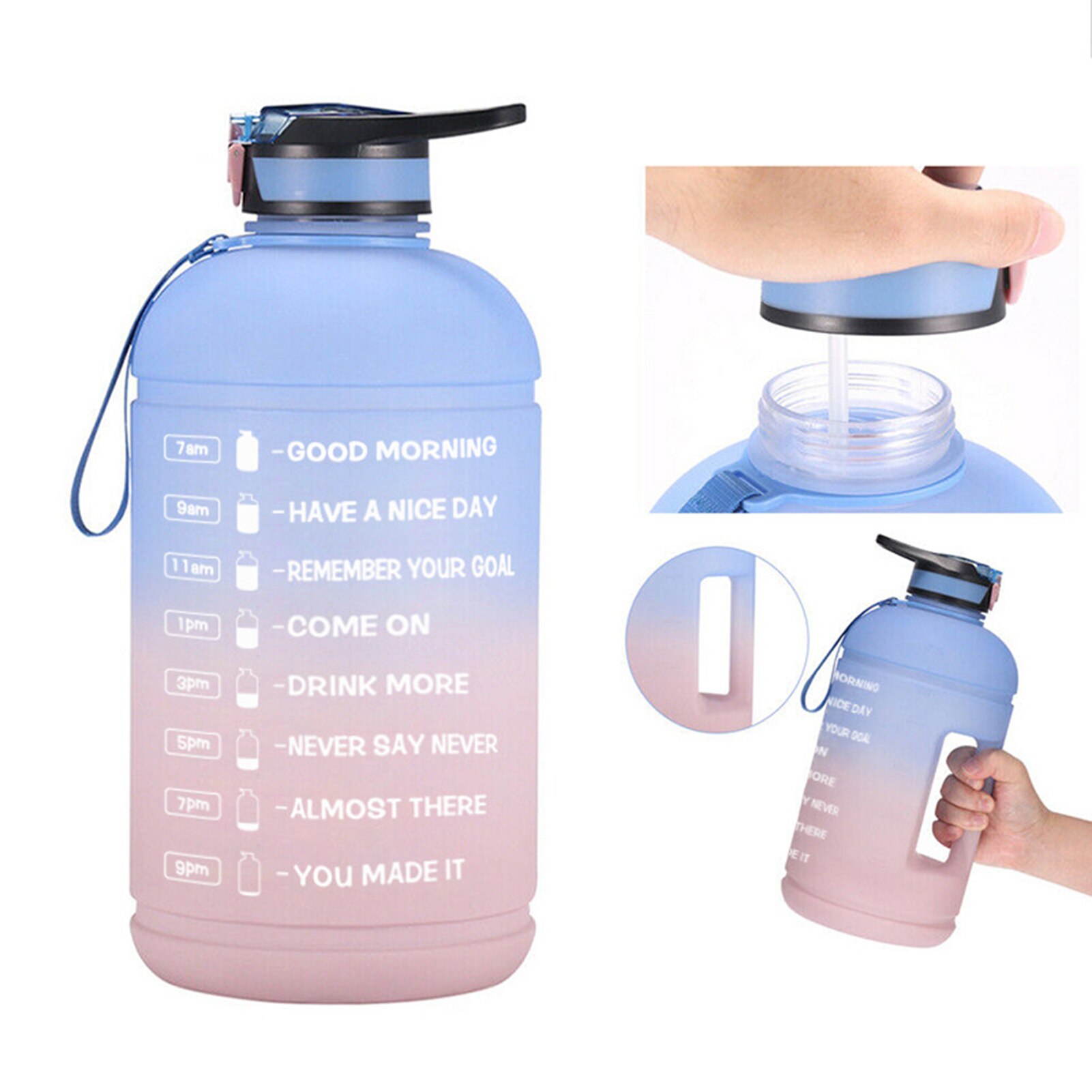 Sport Water Fles 1 Gallon Draagbare Met Stro En Tijd Marker Gehumaniseerd Handvat Nylon Band Lichtgewicht Lekvrije Clamshell