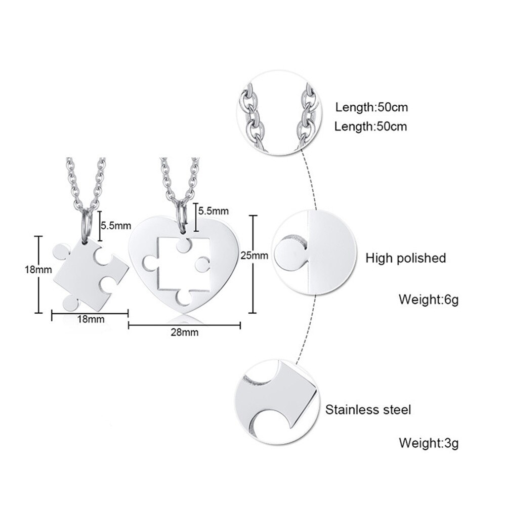 2Pcs Jewelry Stainless Steel Love Heart-Shaped Puzzle Couple Pendant Unisex Valentines Day Women Men Boy Friend