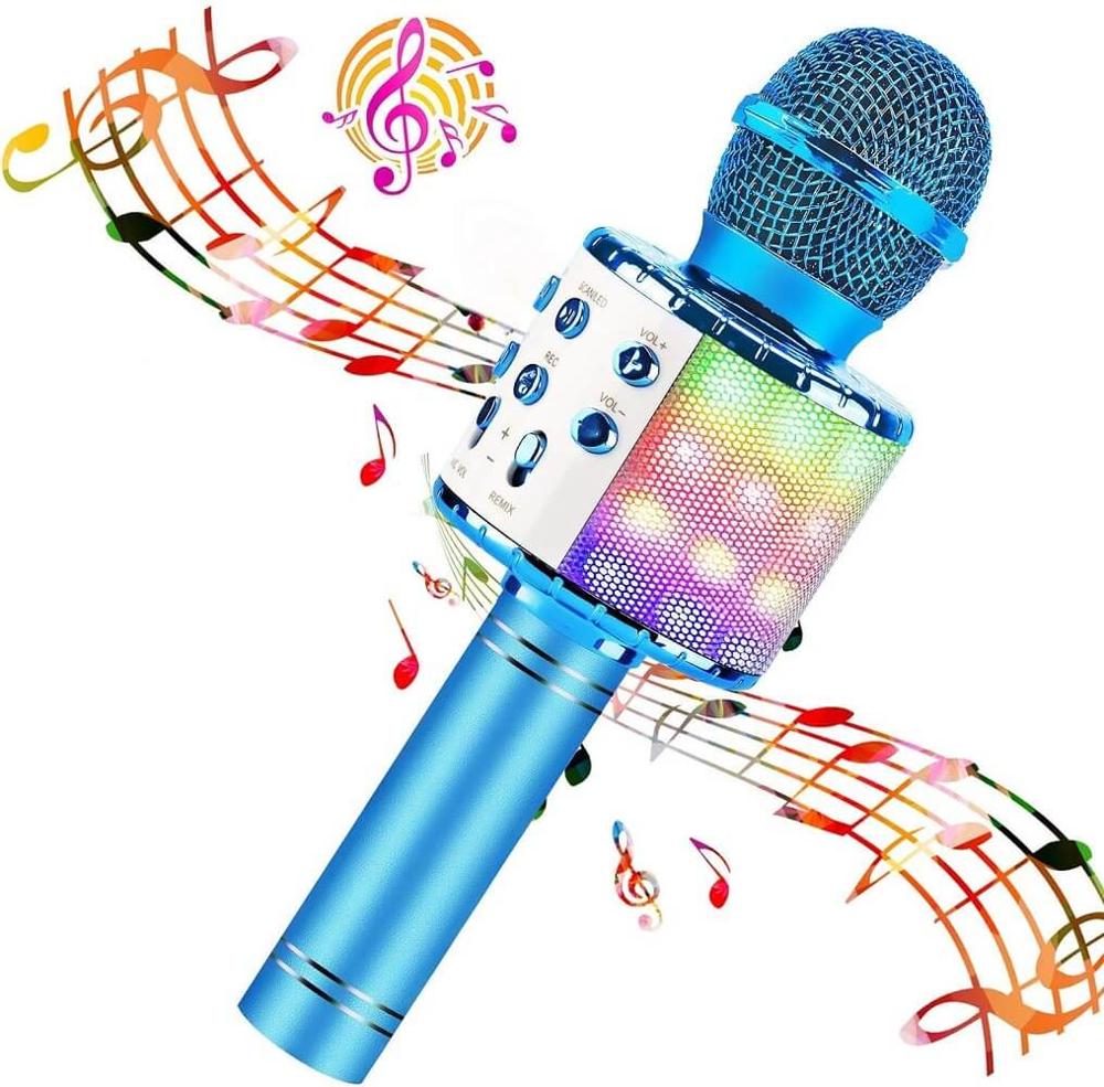 Wireless Bluetooth Karaoke Microphone with LED Lights Handheld Multifunction Speaker Rechargeable Li-Battery Best for Kids: Green
