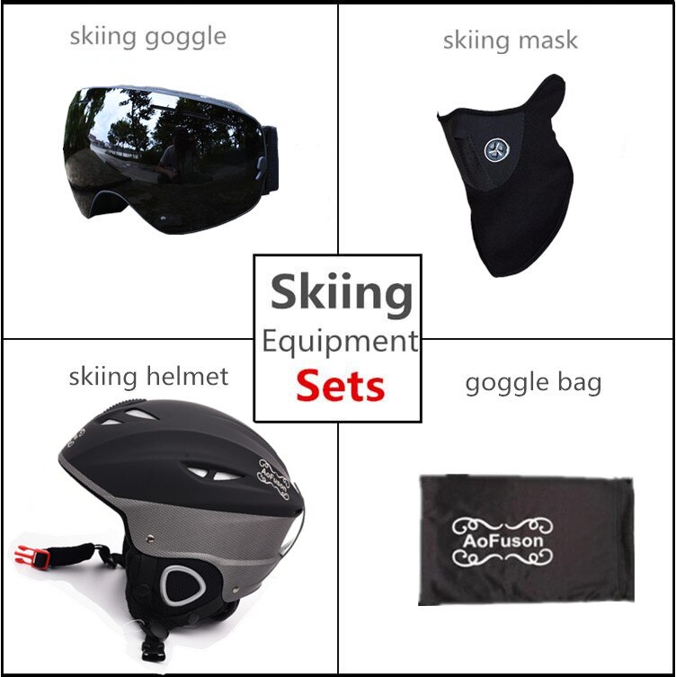 Ski Apparatuur Set Helm Met Goggle Veiligheid Integraal Gevormde Plus Size Plus Fluwelen Helm Dubbele Lagen Anti-Fog bril: All Black / 59cm-61cm