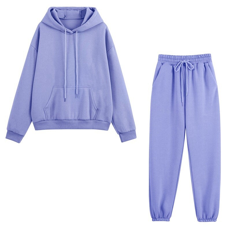 Fleece Tracksuits Women Two Pieces Set Hooded Oversized Sweatshirt Pants Solid Color Hoodie Suits Autumn Winter Casual Outfits: Blue / XL