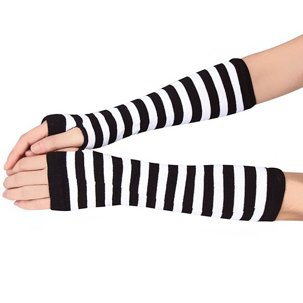 Kvinder lange ærmer stribede fingerløse handsker dame elastisk blød strikket håndled armvarmer  fs99: Sort og hvid