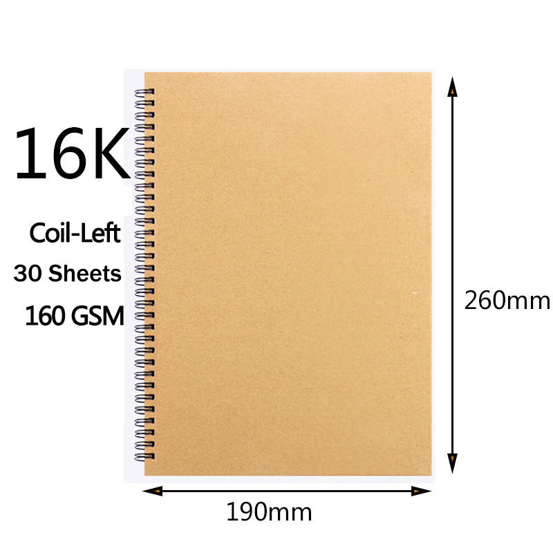 A3/A4/8K/A5/16K Khaki Sketchbook Spiral Notebook Inner Blank 160GSM Kraft Paper Cover School Supplies Pencil drawing notepad: H164-16k-left