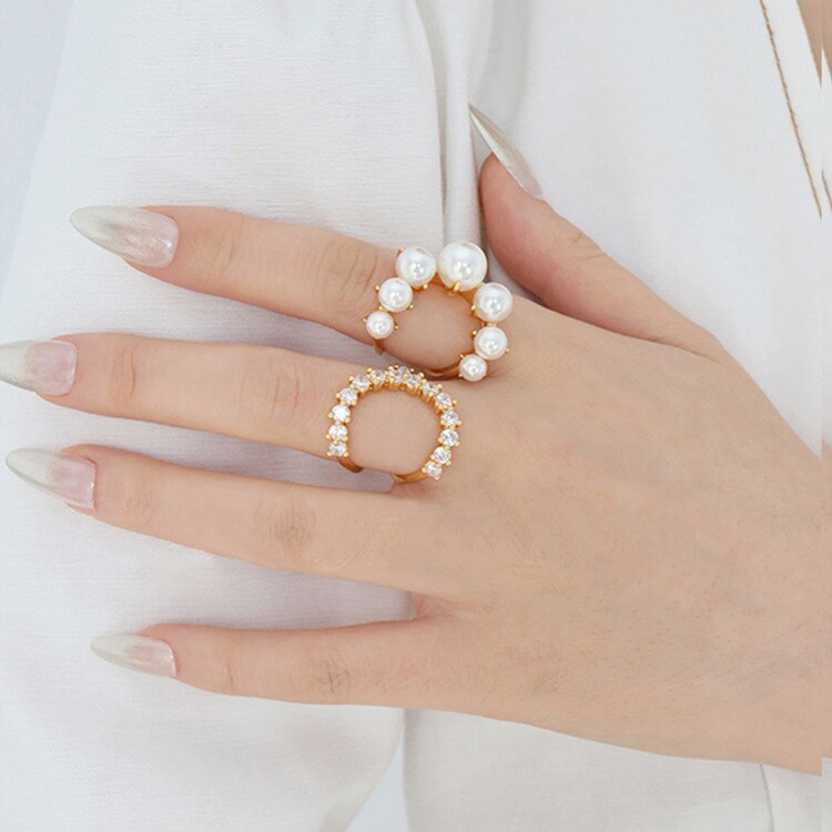 HUANZHI Vintage Old Metal Inlaid Pearl Geometric Irregular Modeling Adjustable Opening Ring for Women Party Jewelry