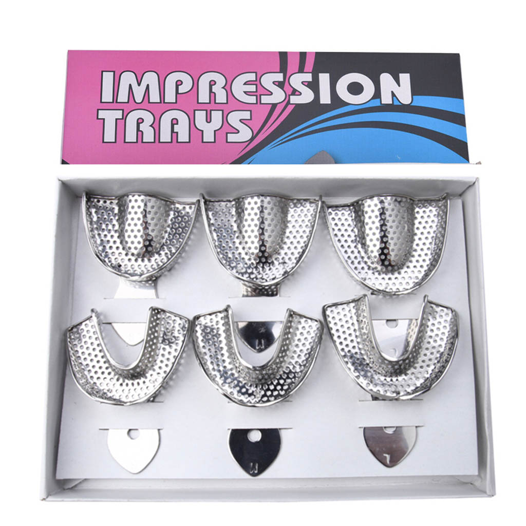 Cesoon-bandeja de impresión Dental superior e inferior de acero inoxidable, herramientas de dentista autoclavables, con soporte de dientes de agujero, S/M/L, 6 unids/set por juego